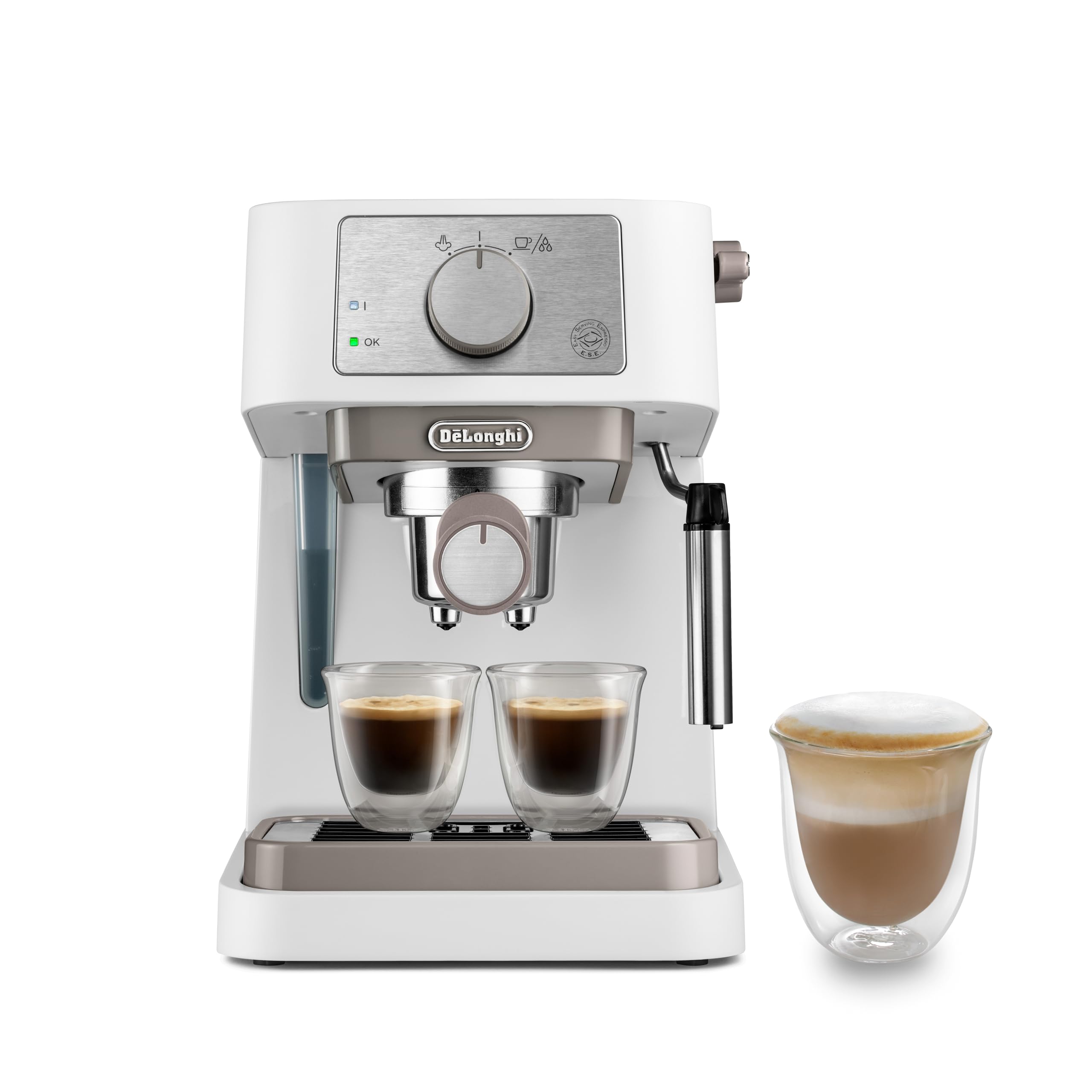 Premium manuelli Kaffimaschine Stilosa, 15 Bar Druck, Cappuccino-System, automatisches Abschalte, kompatibel mit ESE-Pads, 2 gstapleti Behälter, Fassigsvermöge 1 Liter, wiiss - Macchiva Exklusivprodukt