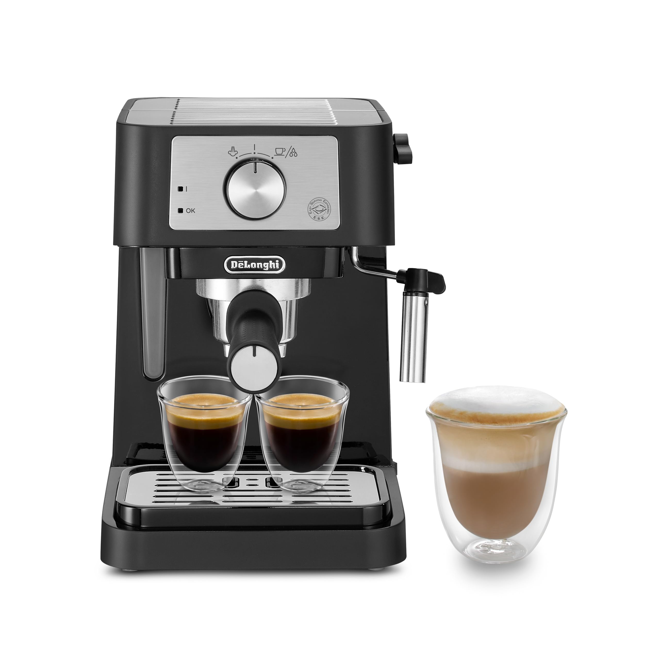 Premium Stilosa – Traditionelli Siebträgermaschine mit Mahntrommel, professionnelle Milchschäumer für Espressopulver oder ESE, Wasserbehälter mit 1 Liter, schwarz, 1100 W - Macchiva Exklusivprodukt